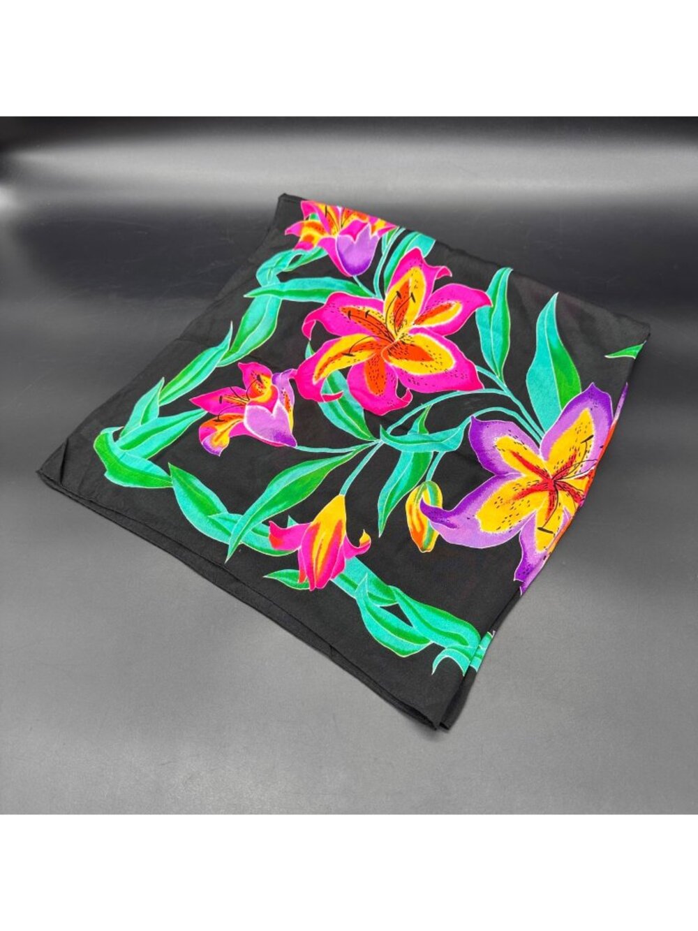Vintage Silk Scarf Tropical Floral Black Liz Claiborne Japan 1980s Flowers Retro